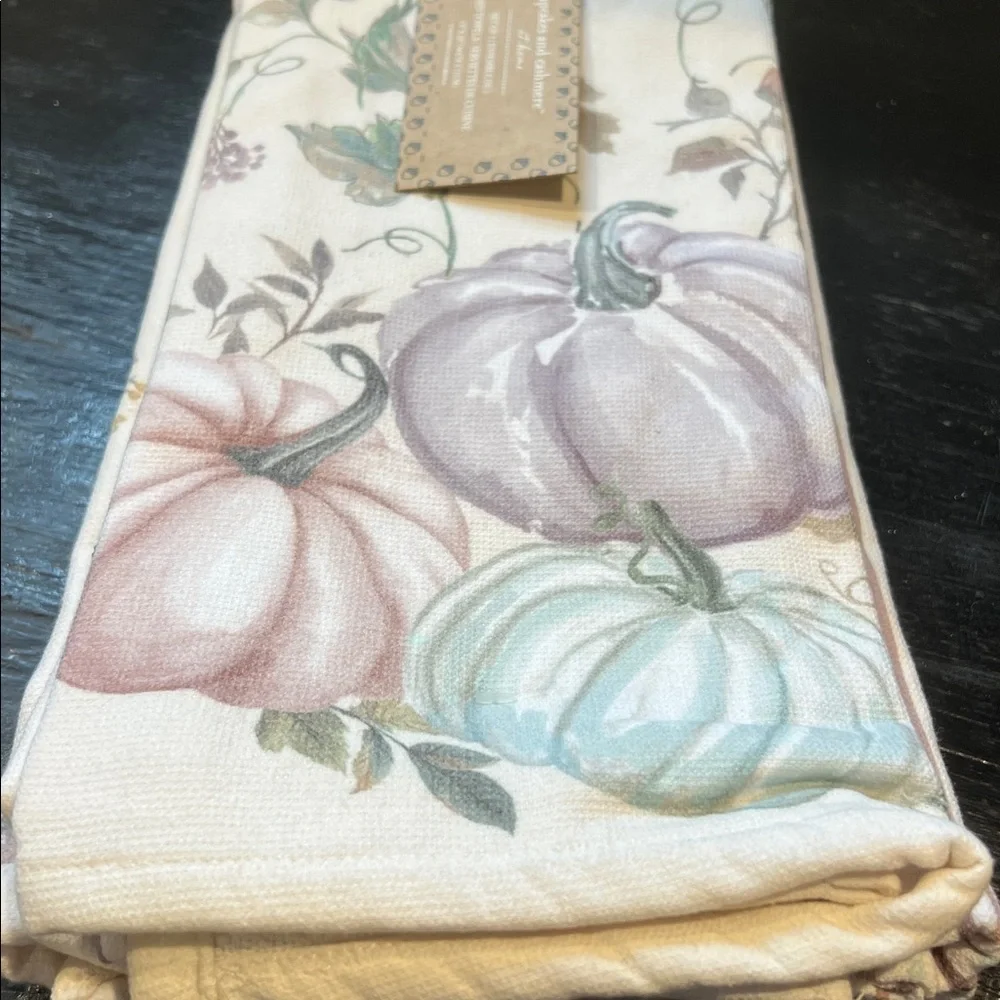 Cupcake & Cashmere Whimsical Pumpkin Kitchen Towels Cream/ Green & Purple 3 Pack